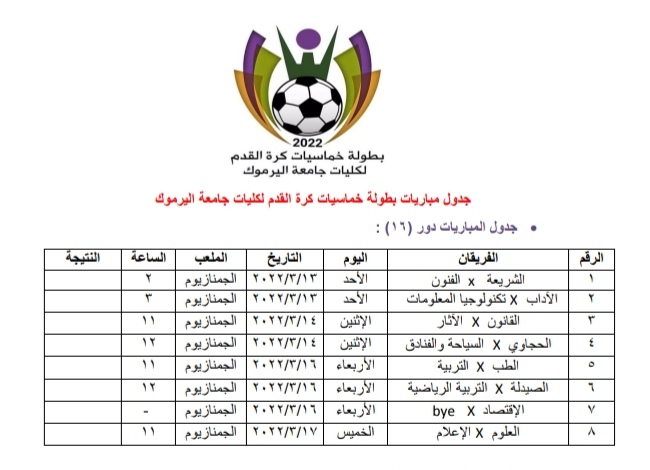 عمادة شؤون الطلبة في اليرموك تنظم بطولة خماسيات كرة القدم  لكليات الجامعة 