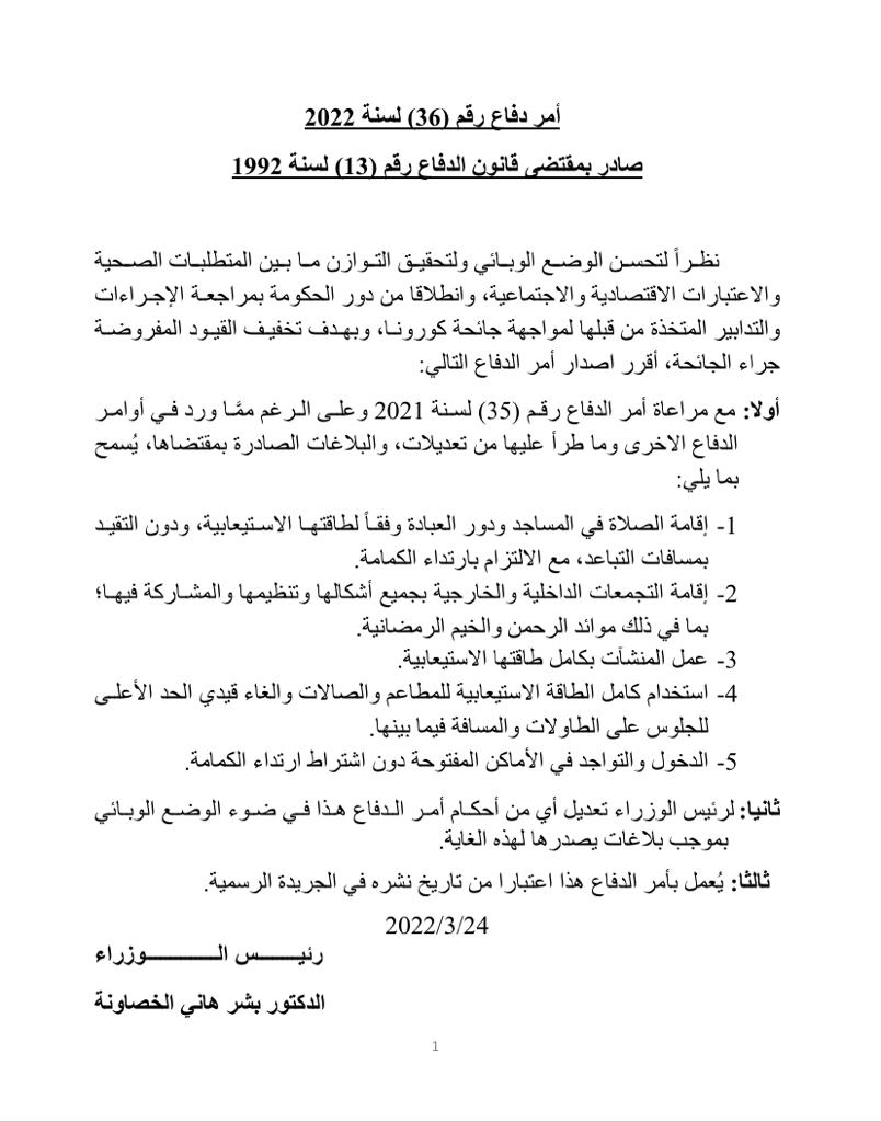 الخصاونة يُصدِر أمر الدِّفاع رقم (36)