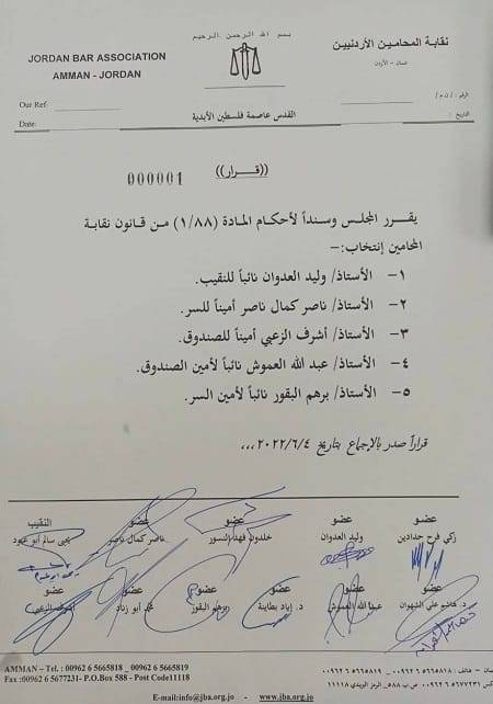 العدوان نائبا لنقيب المحامين وكمال امينا للسر والزعبي للصندوق