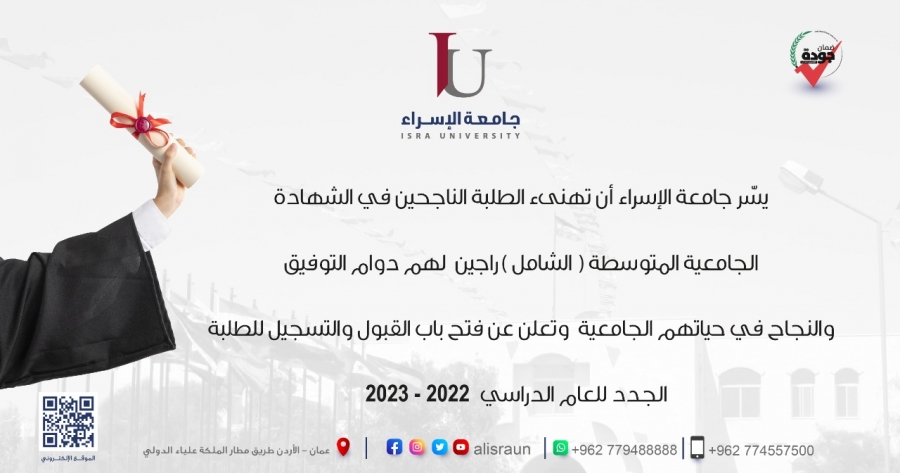 الاسراء تهنىء الناجحين بامتحان الشامل وتعلن عن فتح باب القبول والتسجيل للطلبة الجدد للعام الدراسي 20222023