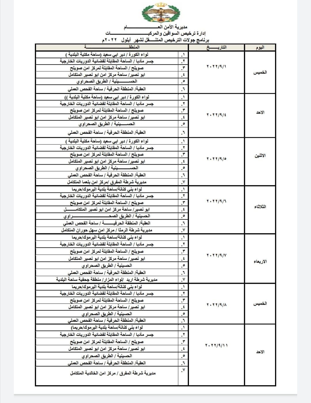  إدارة ترخيص السواقين والمركبات تعلن عن مواعيد العمل بجولات الترخيص المتنقل لشهر أيلول 