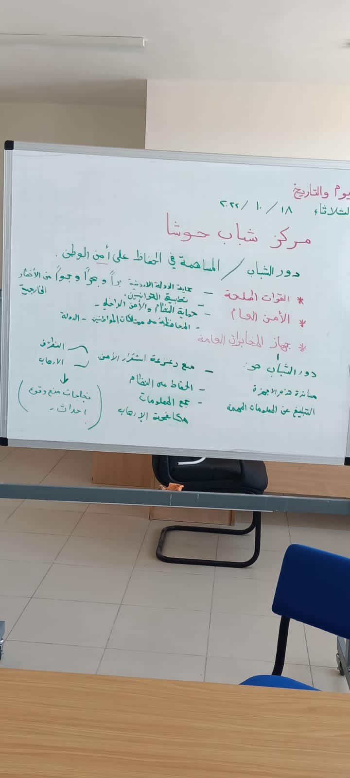 ورشة للتعريف بدور القوات المسلحة  والأمن العام وجهاز المخابرات في مركز شباب حوشا بعنوان المساهمة في الحفاظ على أمن الوطن