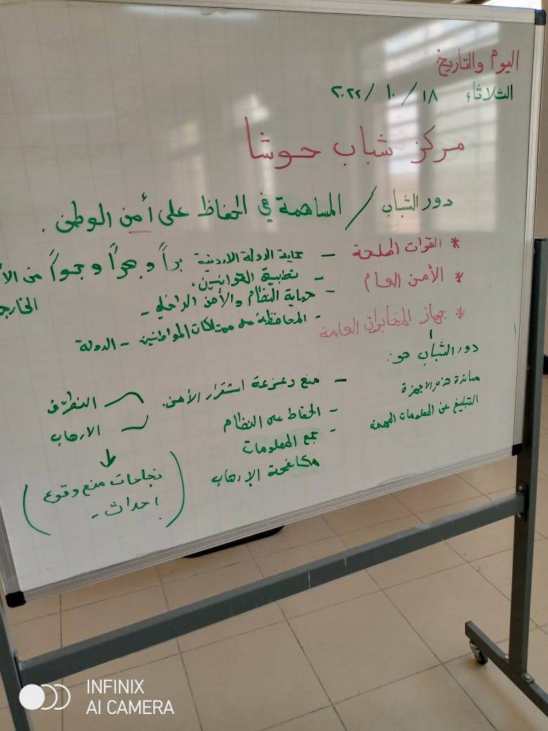 ورشة للتعريف بدور القوات المسلحة  والأمن العام وجهاز المخابرات في مركز شباب حوشا بعنوان المساهمة في الحفاظ على أمن الوطن