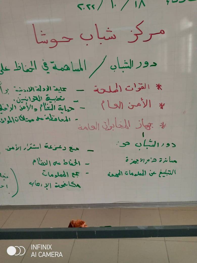ورشة للتعريف بدور القوات المسلحة  والأمن العام وجهاز المخابرات في مركز شباب حوشا بعنوان المساهمة في الحفاظ على أمن الوطن