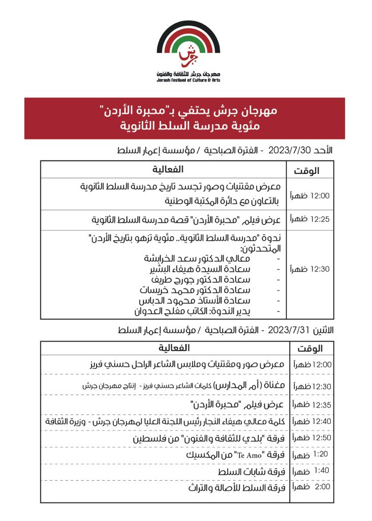 مهرجان جرش يحتفي بـ “محبرة الاردن” مئوية مدرسة السلط الثانوية