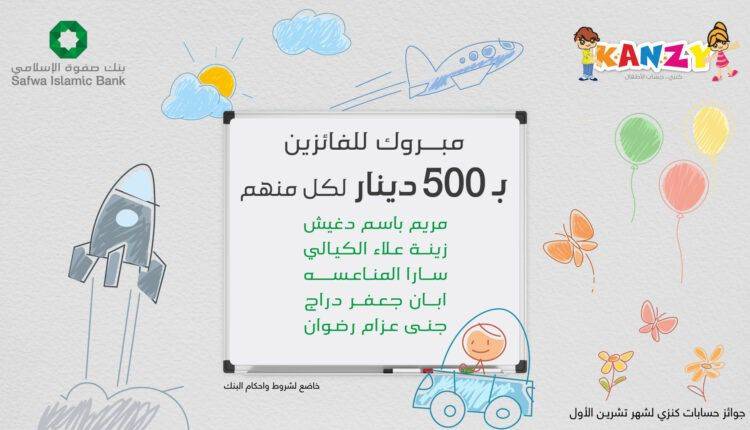 صفوة الإسلامي يضيف قيمة جوائز حساب “كنزي” لشهر تشرين الأول 2023 لرصيد الفائزين الصغار