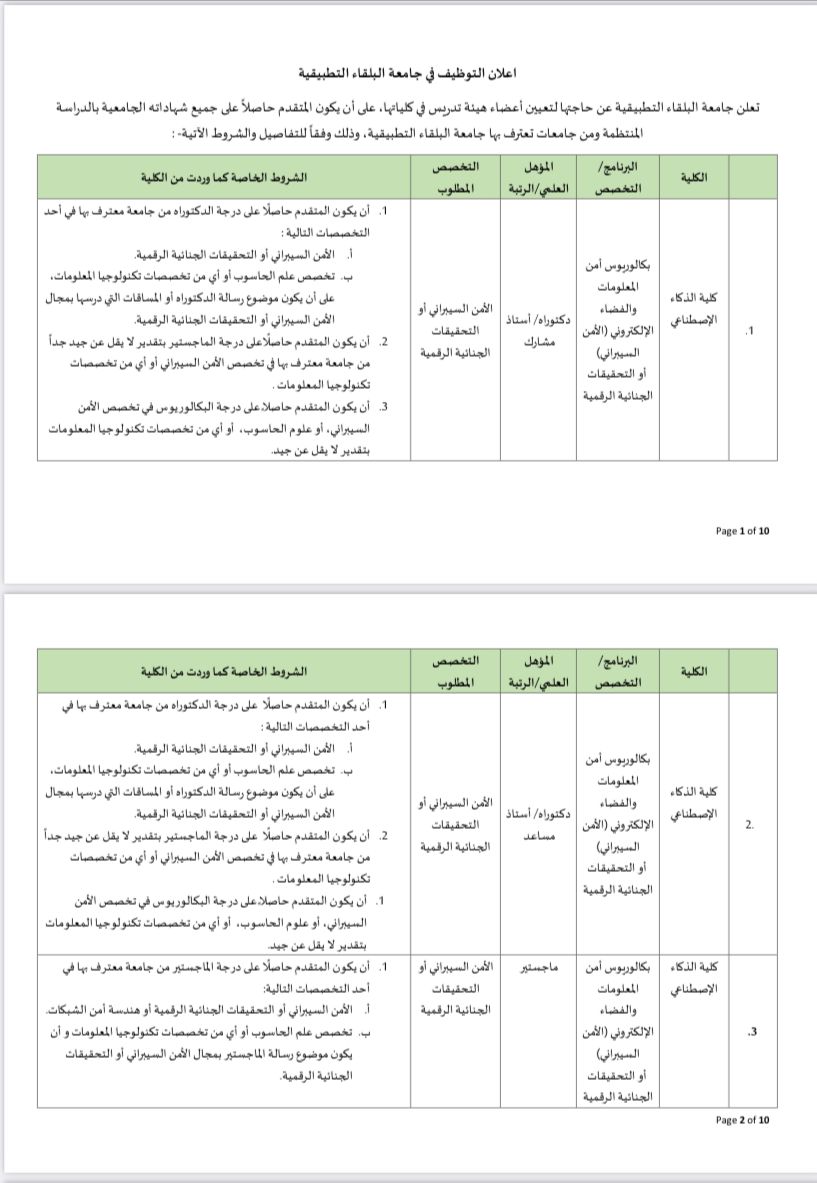 لقاء التطبيقية تعلن عن حاجتها لعدد من أعضاء هيئة التدريس في عدد من التخصصات