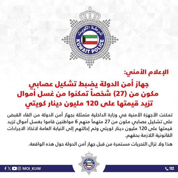 الأمن الكويتي يضبط عصابة متورطة بغسل مبلغ مالي ضخم