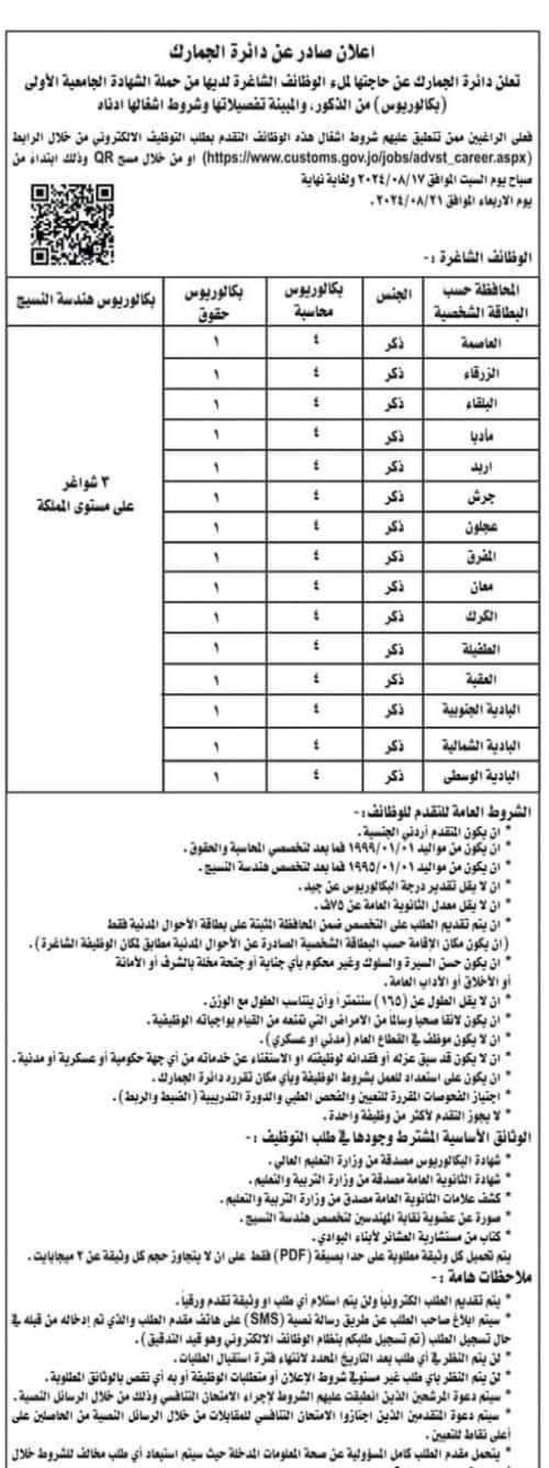 اعلان وظائف شاغرة في دائرة الجمارك