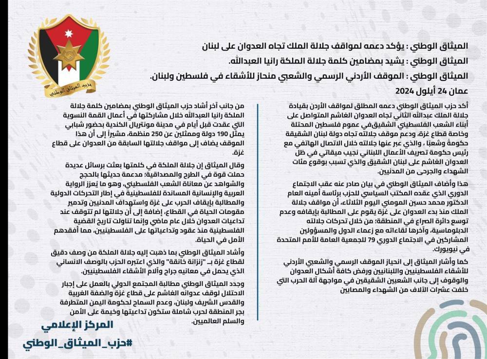 الميثاق الوطني : يؤكد دعمه لمواقف جلالة الملك تجاه العدوان على لبنان    