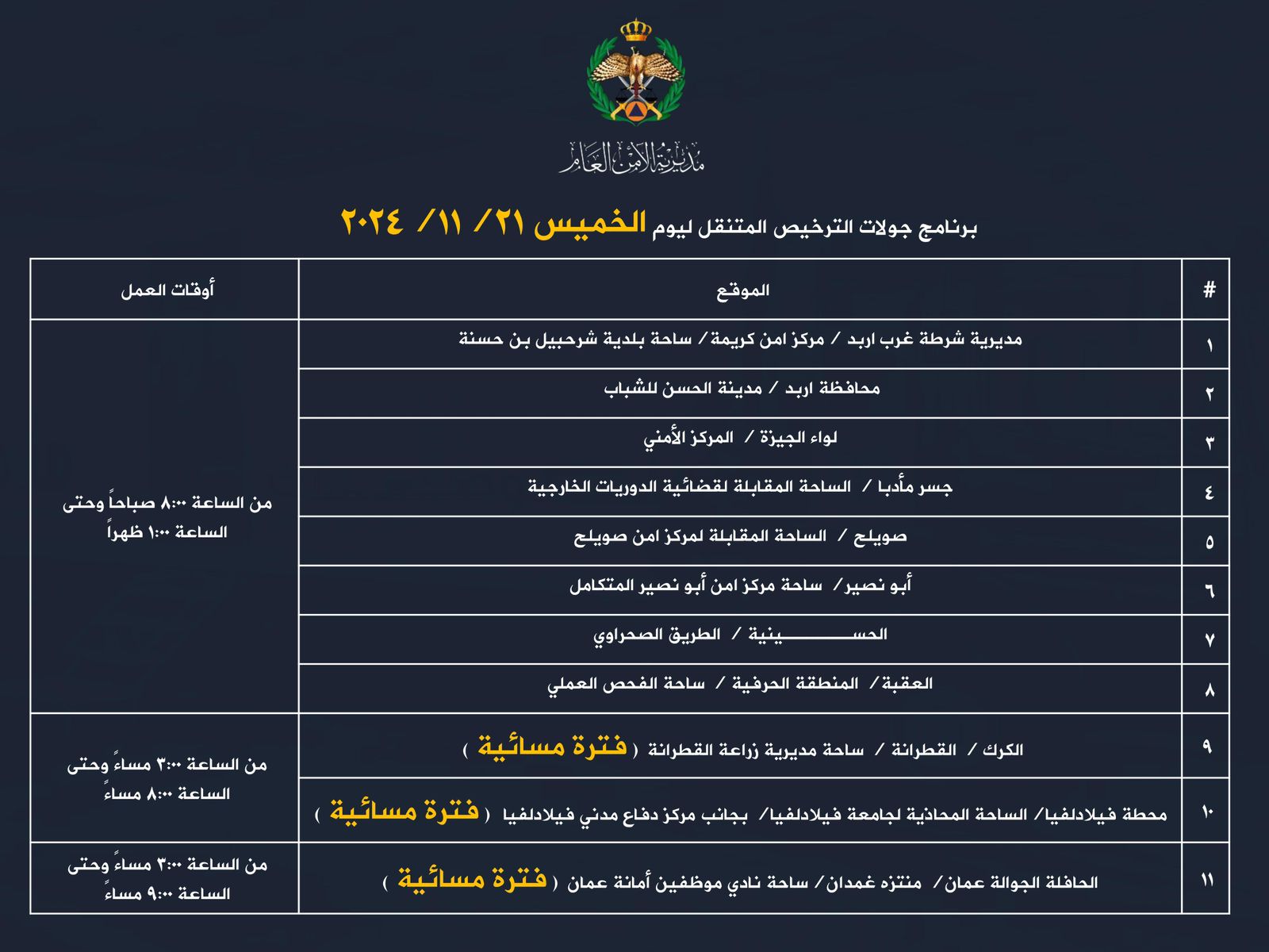 إدارة الترخيص تنشر جدول عمل محطات الترخيص المتنقلة العاملة قبل أو بعد أوقات الدوام ليومي الاربعاء والخميس 