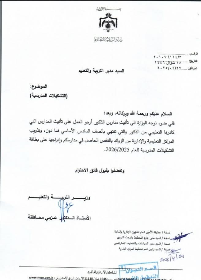 التربية  : تأنيث الكوادر التعليمية لمدراس الذكور التي تنتهي بالصف السادس، جاء لتحسين التحصيل الدراسي للأطفال.