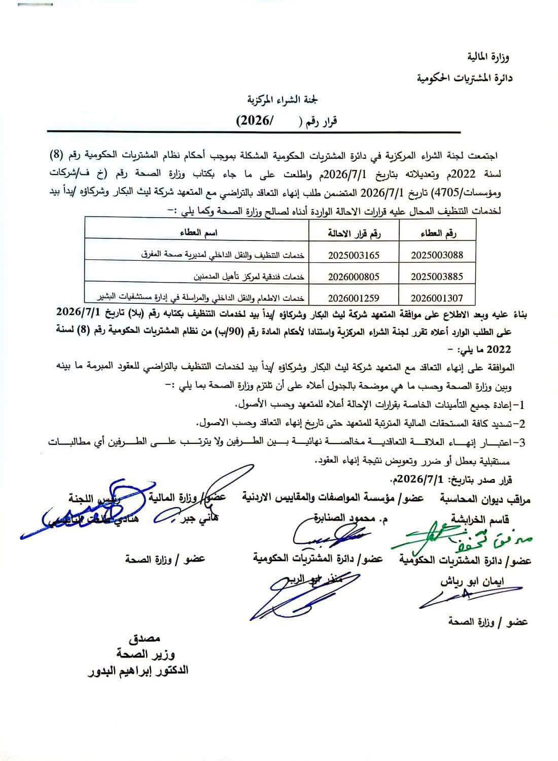 بالصور : وثائق رسمية تكشف سبب اقالة وزير العمل البكار .. وتؤكد انهاء العطاءات مع وزارة الصحة 