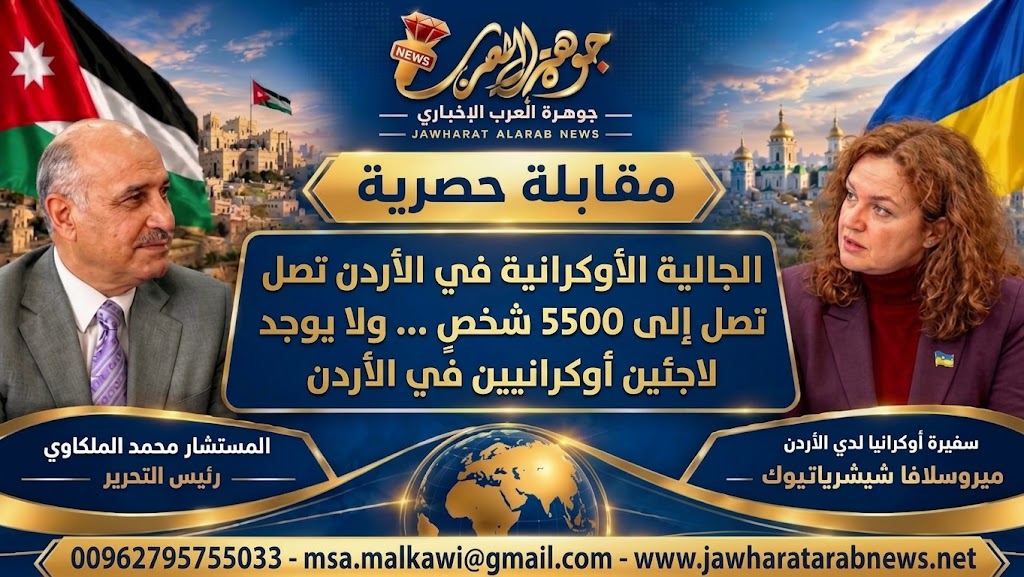 لقاء حصري لـ سفيرة أوكرانيا في الأردن مع موقع جوهرة العرب الإخباري حول العلاقات الأردنية الأوكرانية والحرب الروسية على أوكرانيا / أجرى اللقاء رئيس التحرير المستشار محمد صالح الملكاوي