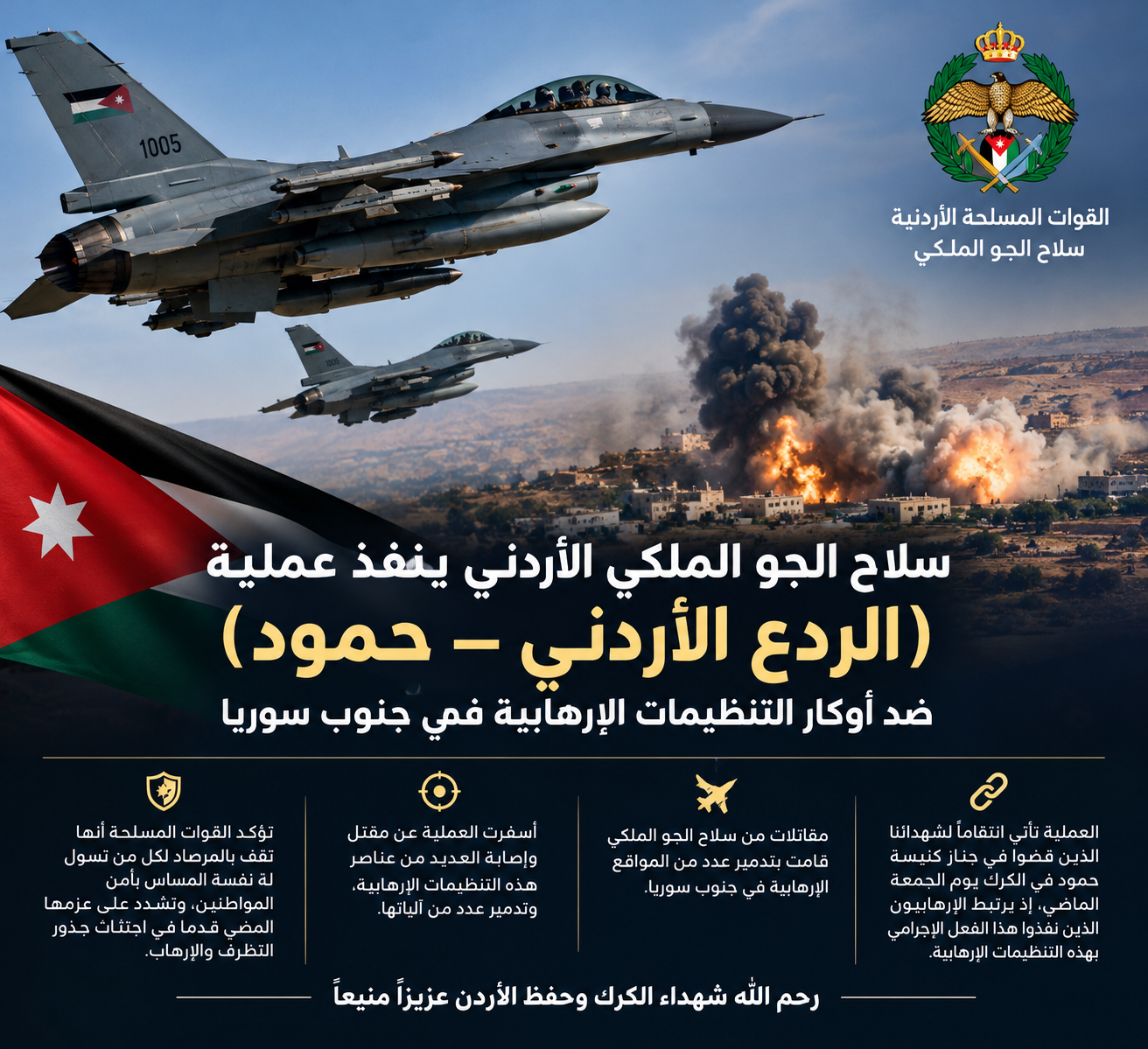 سلاح الجو الملكي ينفذ عملية «الردع الأردني – حمود» ضد أوكار التنظيمات الإرهابية في جنوب سوريا